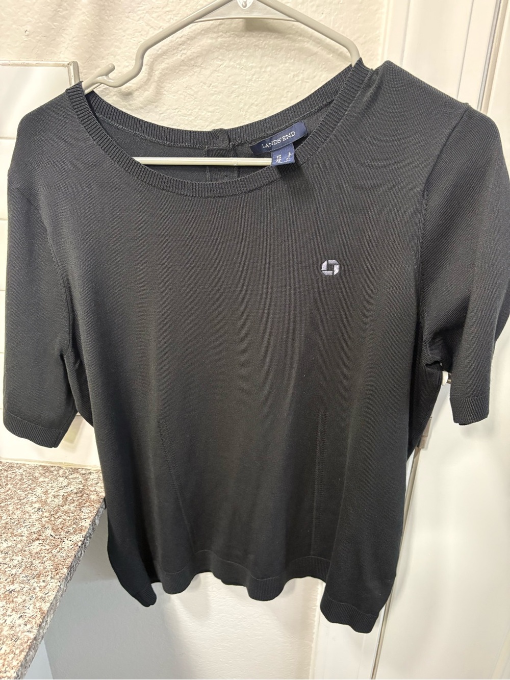 Lands' End Black Short Sleeve Knit Top with Subtle Logo